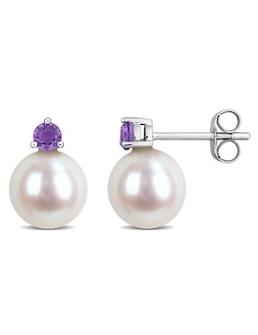 Broqueles Julianna B de oro blanco con acabado brillante amatista y perla