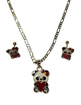 Aretes y collar de panda Limerence By Claudia Herrera Ternura de oro vermeil 14 k