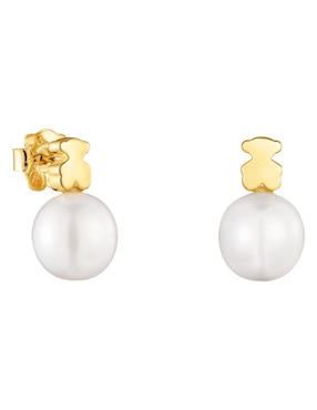 Aretes redondos Oso Tous Sweet Dolls de oro con acabado brillante perla de agua