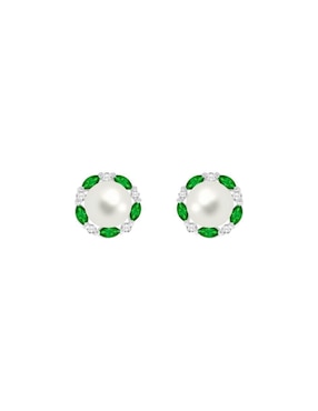 Aretes redondos Fascinare Coco de oro blanco con acabado brillante perla y esmeralda