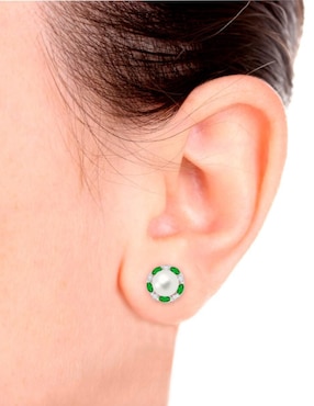 Aretes redondos Fascinare Coco de oro blanco con acabado brillante perla y esmeralda