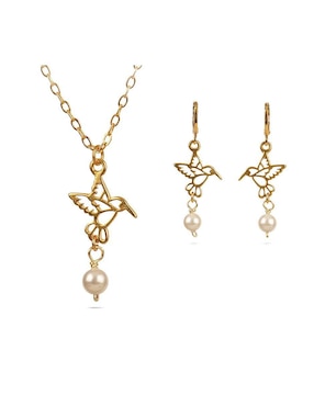 Aretes y collar de colibrí con baño de oro 18 k perla
