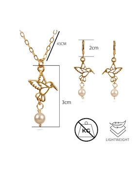 Aretes y collar de colibrí con baño de oro 18 k perla