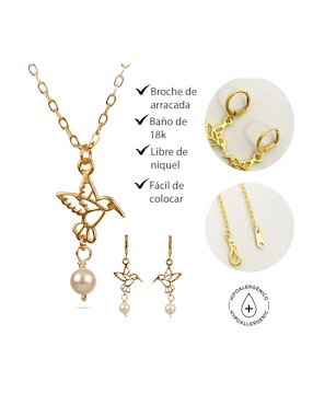 Aretes y collar de colibrí con baño de oro 18 k perla