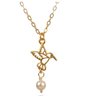 Aretes y collar de colibrí con baño de oro 18 k perla