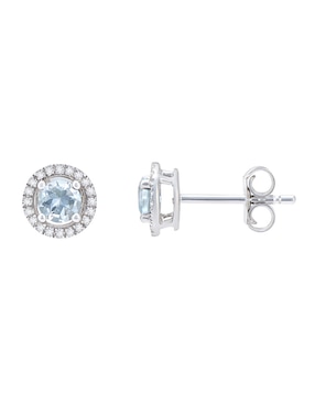 Broqueles redondos Cristal Joyas de oro blanco 14 K diamante y aguamarina