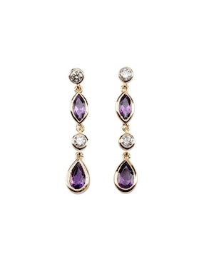 Aretes largos de gota Lucie de oro 14 K con acabado Texturizado Amatista y diamante