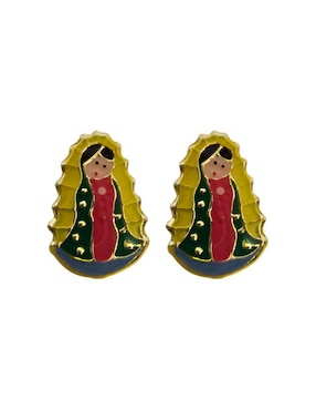 Broqueles Virgen de Guadalupe Mardia de oro 14 K con acabado esmaltado