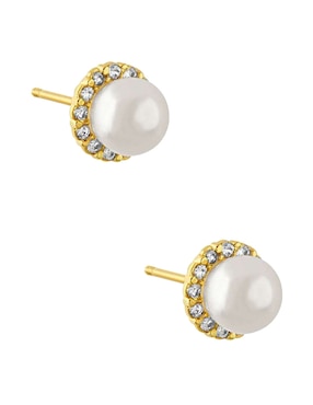 Broqueles Sabelli de oro amarillo 14 k con acabado pavé perla con zirconia