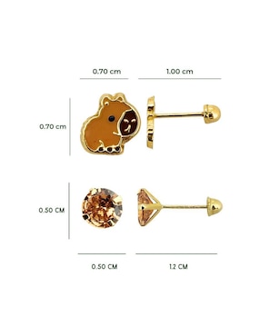 Broqueles capibara Punto Metálico de oro amarillo 10 k con acabado esmaltado zirconia