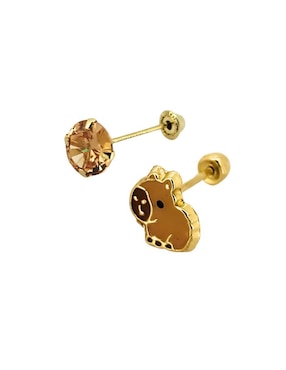 Broqueles capibara Punto Metálico de oro amarillo 10 k con acabado esmaltado zirconia
