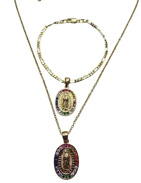 Collar y pulsera ovalada Limerence By Claudia Herrera Virgen de Guadalupe de oro laminado 14 K zirconia