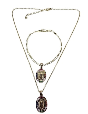 Collar y pulsera ovalada Limerence By Claudia Herrera Virgen de Guadalupe de oro laminado 14 K zirconia