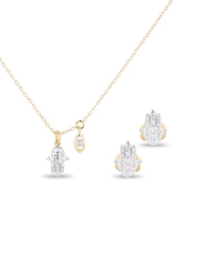 Aretes y collar de mano Joyerias Bizzarro de oro amarillo 14 k diamante