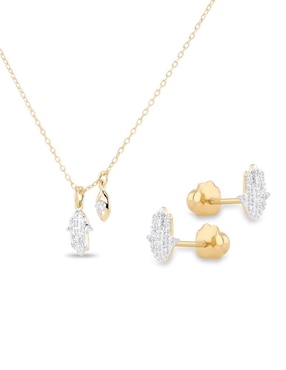 Aretes y collar de mano Joyerias Bizzarro de oro amarillo 14 k diamante