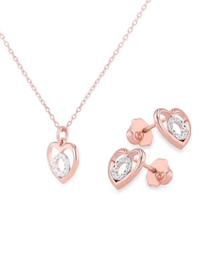 Aretes y collar de corazón Joyerias Bizzarro de oro rosa 14 k diamante
