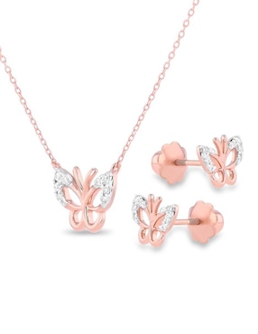 Aretes y collar de mariposa Joyerias Bizzarro de oro rosa 14 k diamante