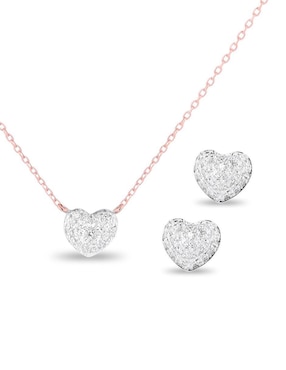 Aretes y collar de corazón Joyerias Bizzarro de oro rosa 14 K diamante