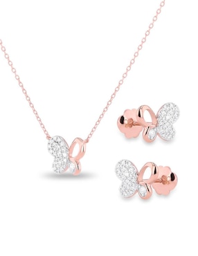 Aretes y collar de mariposa Joyerias Bizzarro de oro rosa 14 K diamante