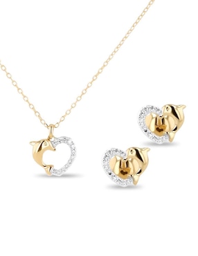 Aretes y collar de corazón Joyerias Bizzarro de oro amarillo 14 K diamante