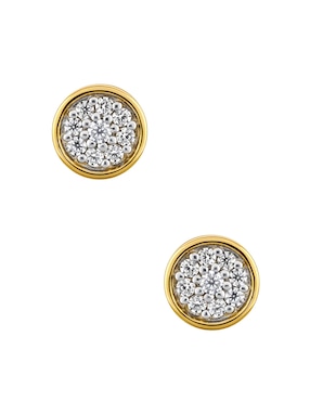 Aretes cortos redondos Mjj Brilliant Inc de oro amarillo 14 K con acabado pavé diamante