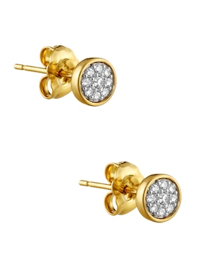 Aretes cortos redondos Mjj Brilliant Inc de oro amarillo 14 K con acabado pavé diamante