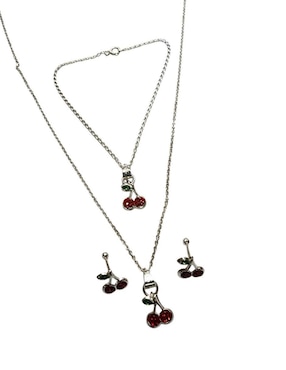 Aretes, collar y pulsera Limerence By Claudia Herrera Cerezas de plata P 925 zirconia