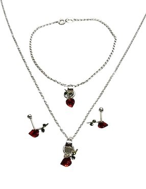 Aretes, collar y pulsera de corazón Limerence by Claudia Herrera Cerezas de plata P 925 zirconia