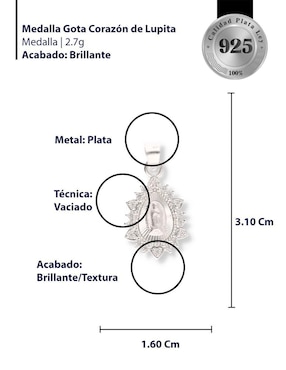 Dije de gota Enjoya Religioso Virgen de Guadalupe de plata P 925