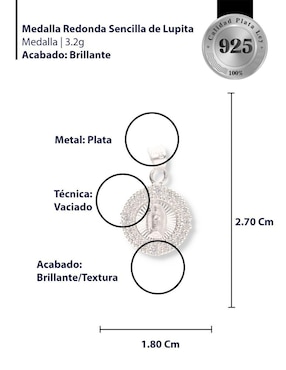 Dije redondo Enjoya Religioso Virgen de Guadalupe de plata P 925