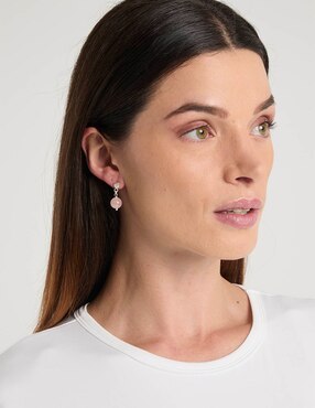 Aretes cortos de esfera E&N Cherny de plata P 925 con acabado brillante cuarzo rosa