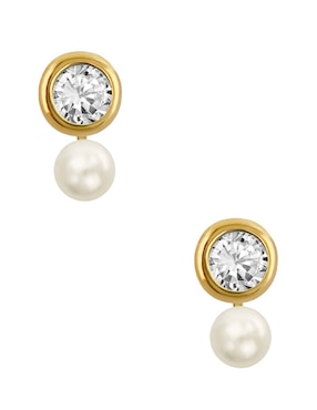 Broqueles Sabelli de oro amarillo 14 k con acabado pulido perla con zirconia