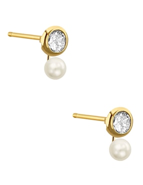 Broqueles Sabelli de oro amarillo 14 k con acabado pulido perla con zirconia