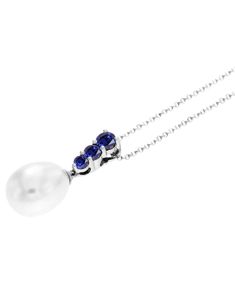Dije de oro blanco 14 K zafiro y perla 2