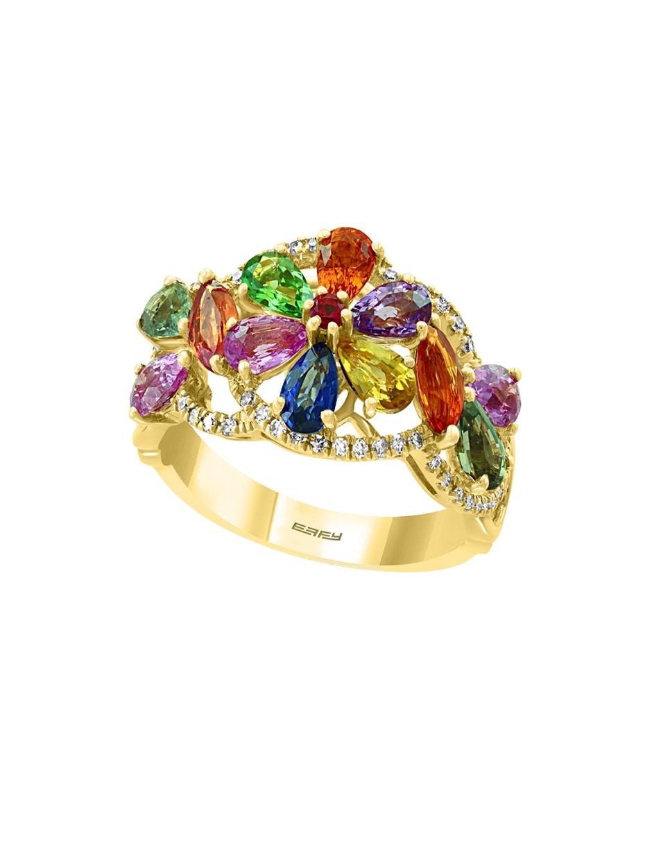 Anillo de flor 14 k de oro amarillo zafiro y diamante pavé