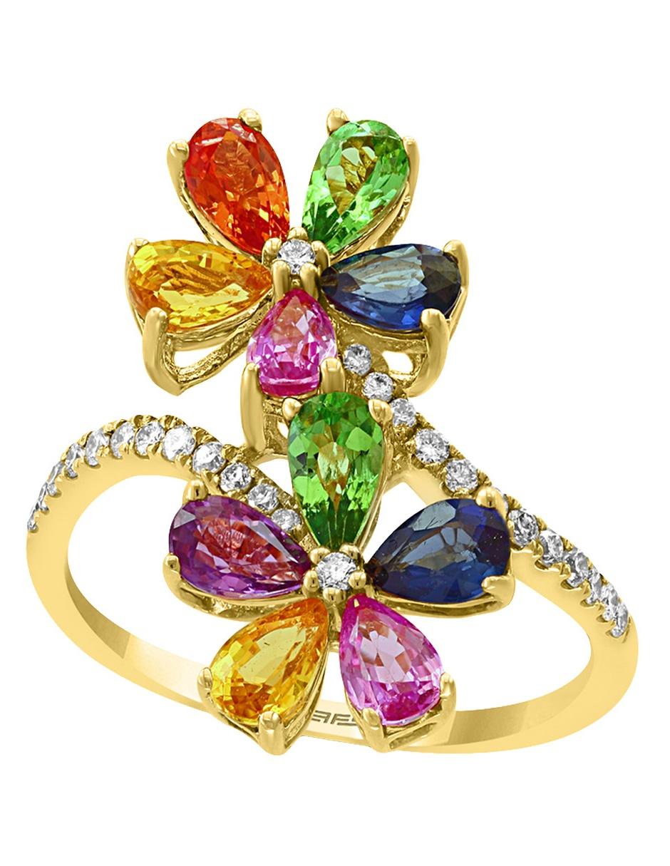 Anillo de flor 14 k de oro amarillo zafiro y diamante pavé