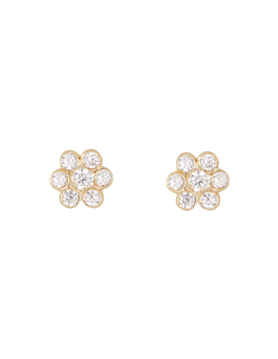 Broqueles de flor de oro amarillo 14 K con acabado liso zirconia