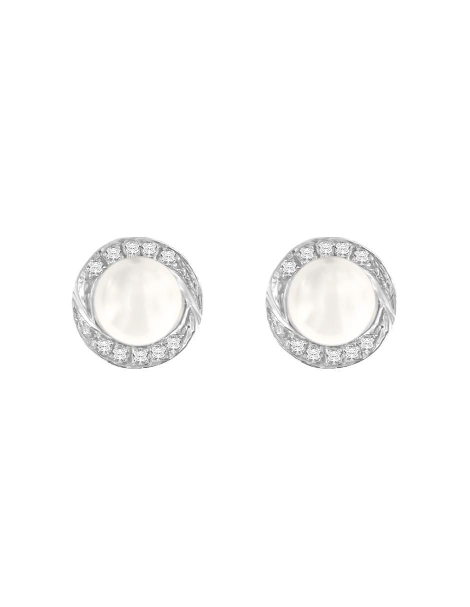 Broqueles de flor de oro blanco 14 K con acabado brillante diamante y perla Broqueles de flor de oro blanco 14 K con acabado brillante diamante y perla