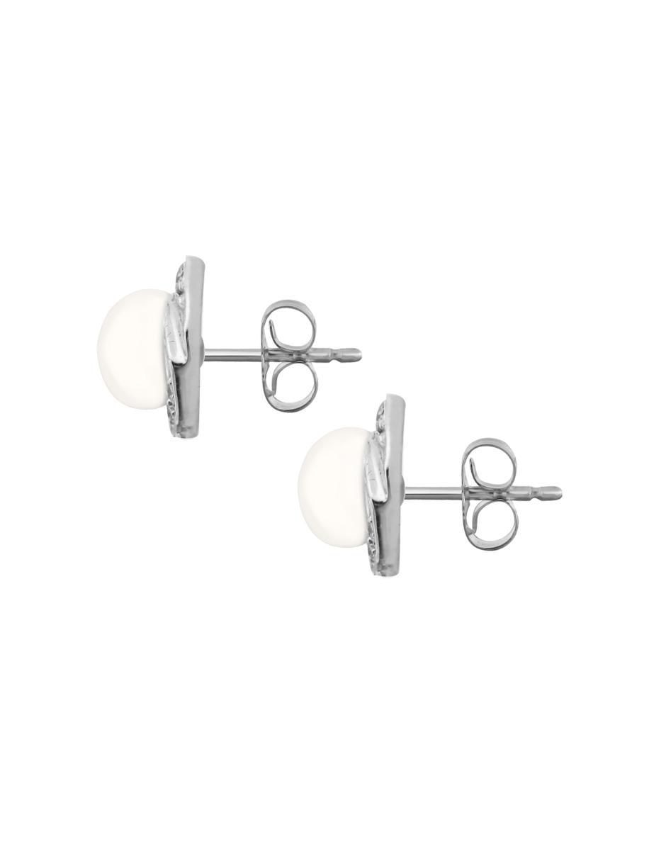 Broqueles de flor de oro blanco 14 K con acabado brillante diamante y perla 2