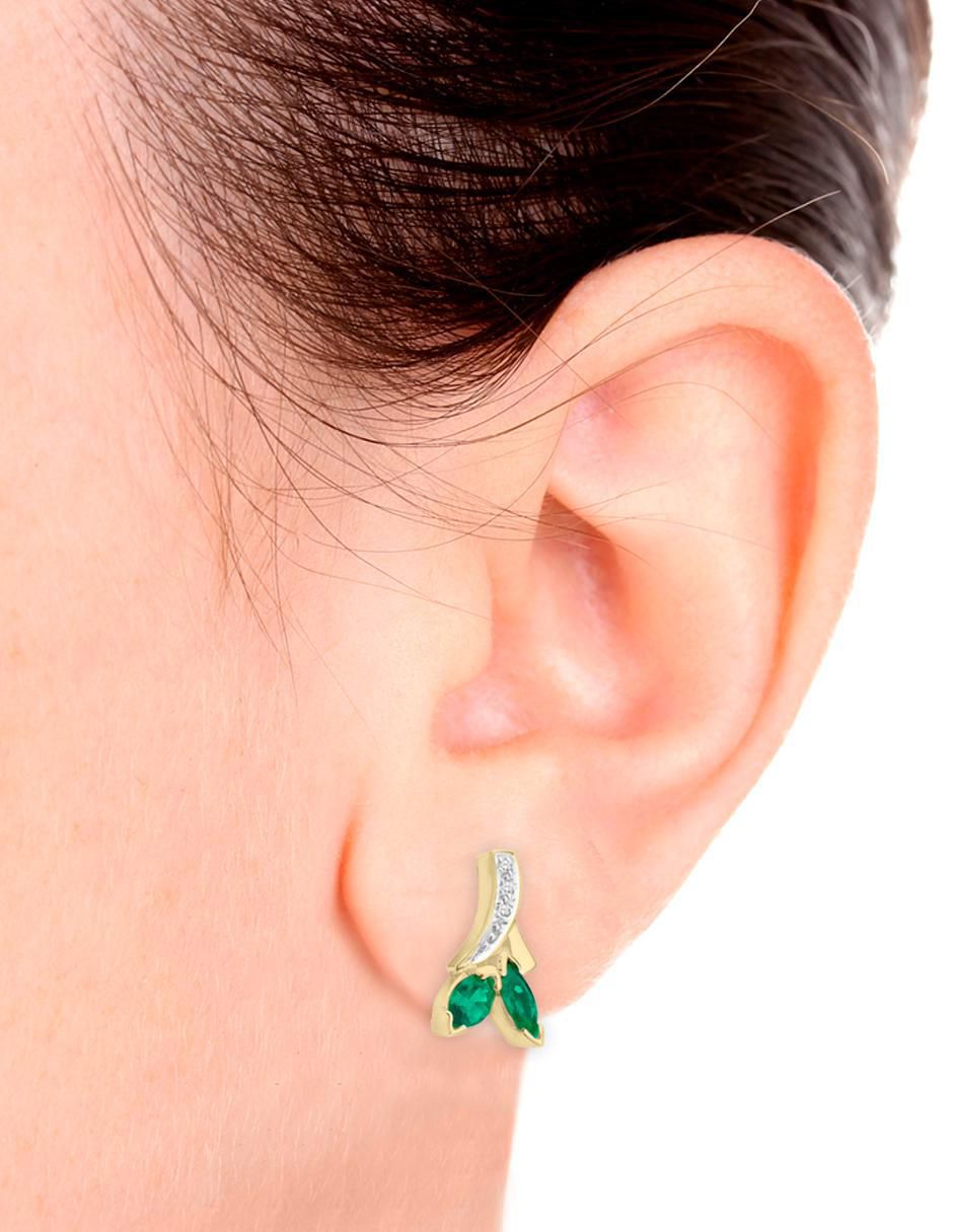 Broqueles de flor de oro amarillo 14 K con acabado brillante esmeralda y diamante 3