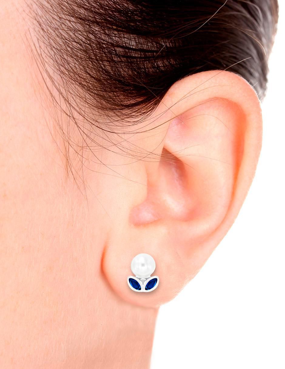 Broqueles de flor de oro blanco 14 K con acabado brillante zafiro y perla 3