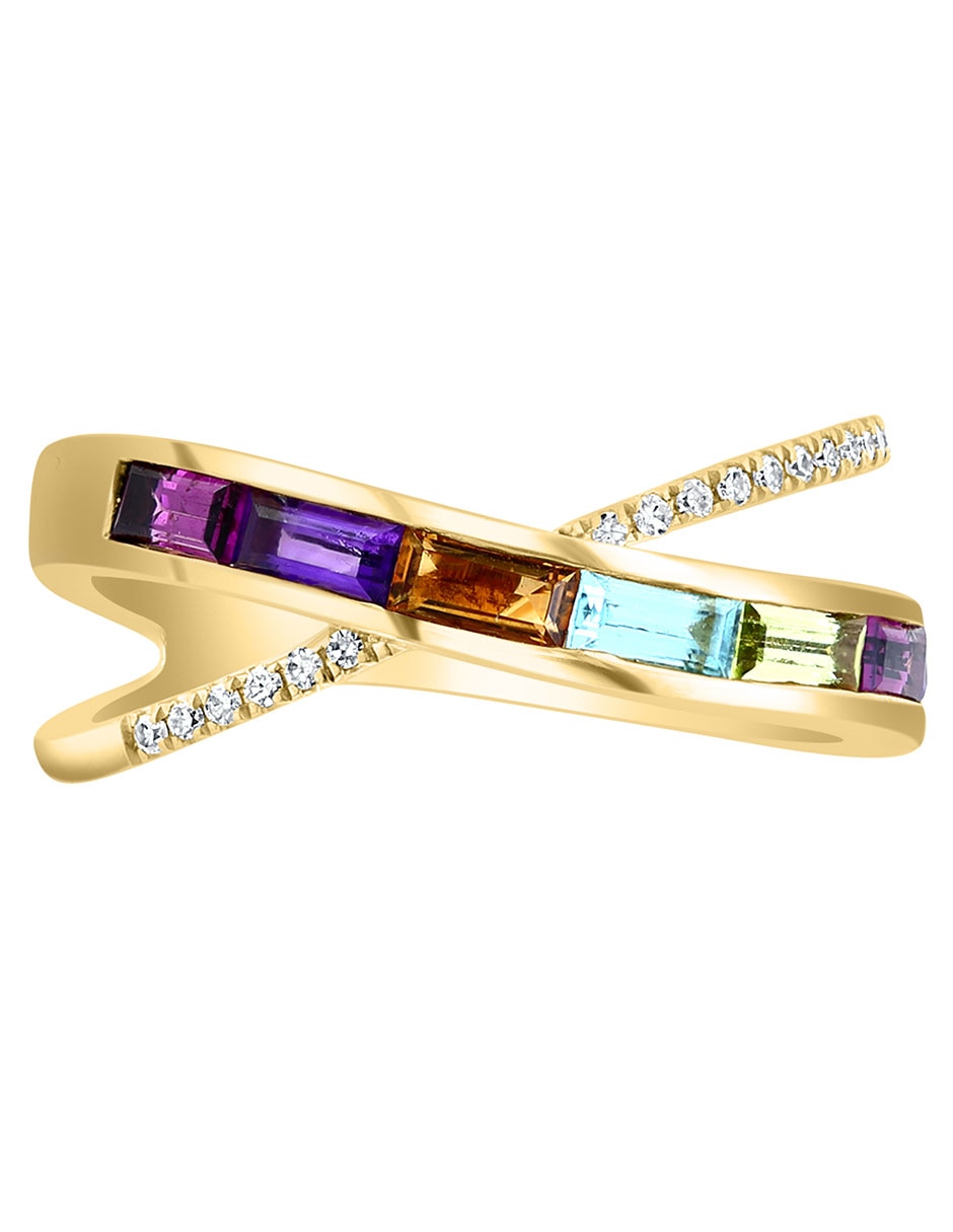 Anillo Mosaic 14 k de oro diamante, amatista, topacio azul, citrino, rodolita y peridoto brillante