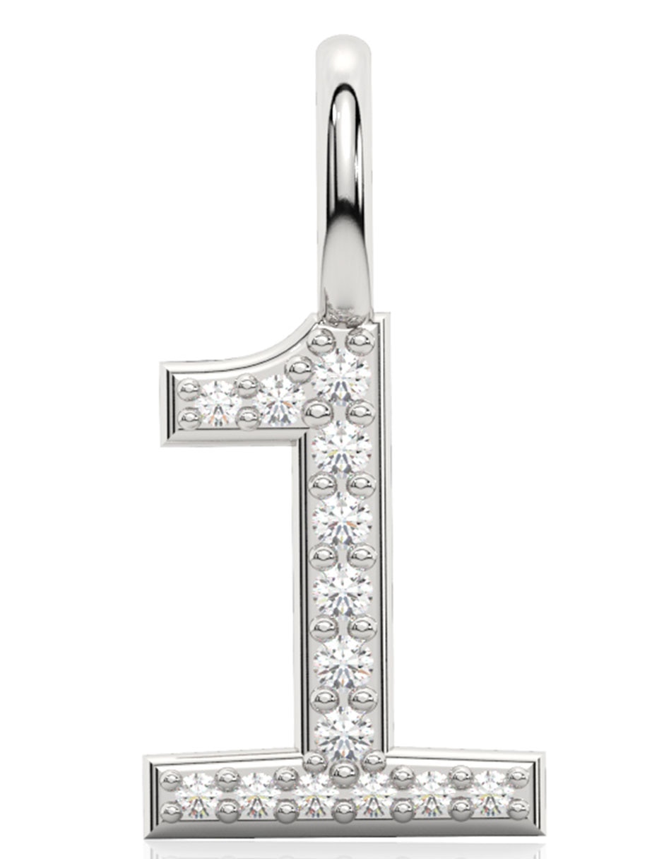 Dije de número 1 de oro blanco 14 K diamante