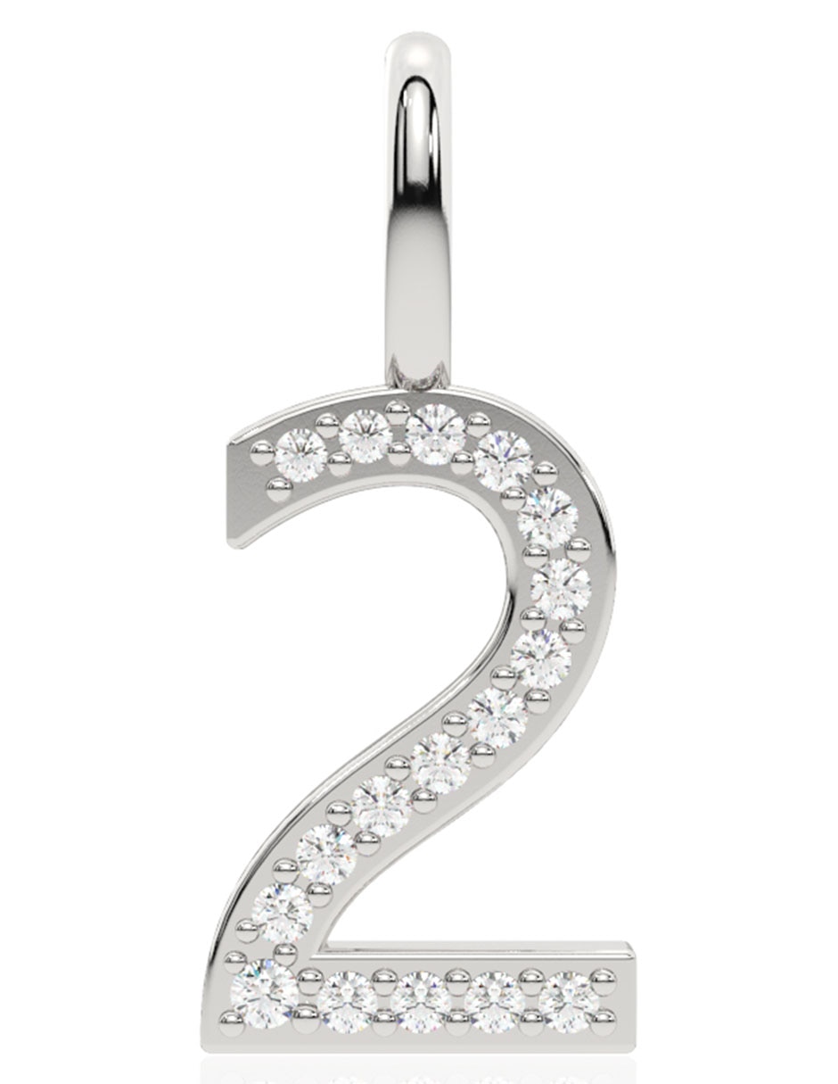 Dije de número 2 de oro blanco 14 K diamante