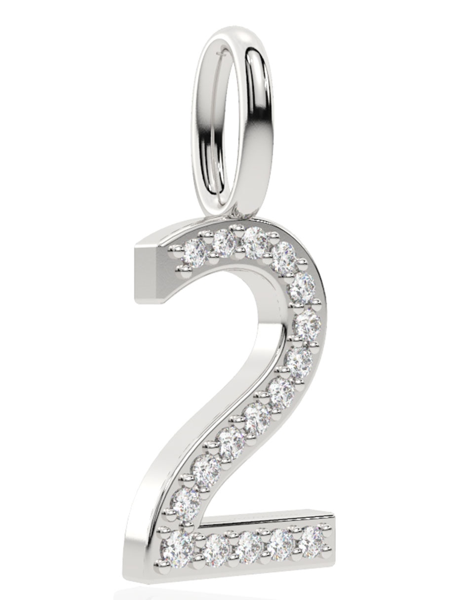 Dije de número 2 de oro blanco 14 K diamante 2