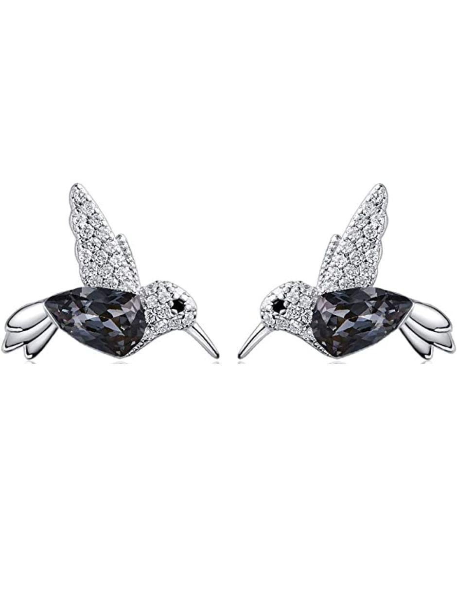 Broqueles de colibrí con acabado plateado swarovski