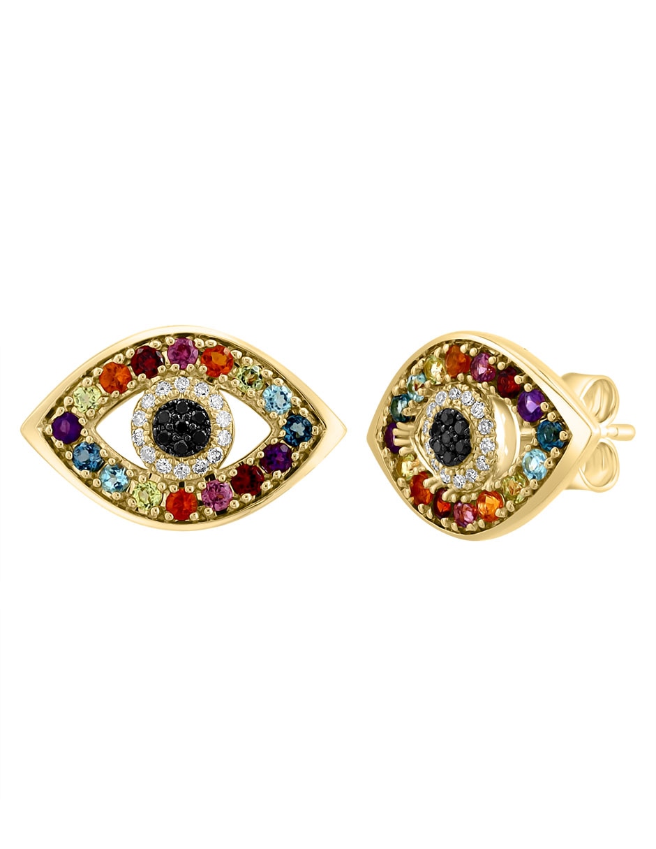 Broqueles de ojo Mosaic de oro con acabado pavé diamante, amatista, topacio azul, topacio azul londres, citrino, diamante negro, granate, rodolita, y peridoto 2