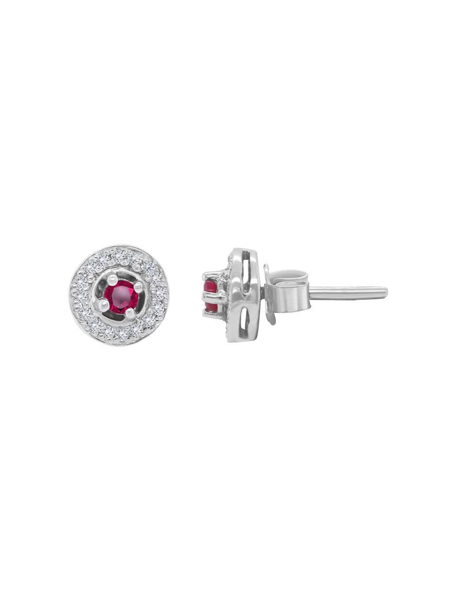 Aretes redondos Clara de oro blanco con acabado brillante rubí y diamante 2