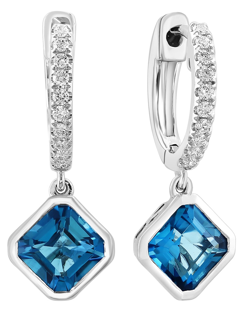 Aretes cuadrados Ocean Bleu de oro con acabado pavé topacio y diamante 2