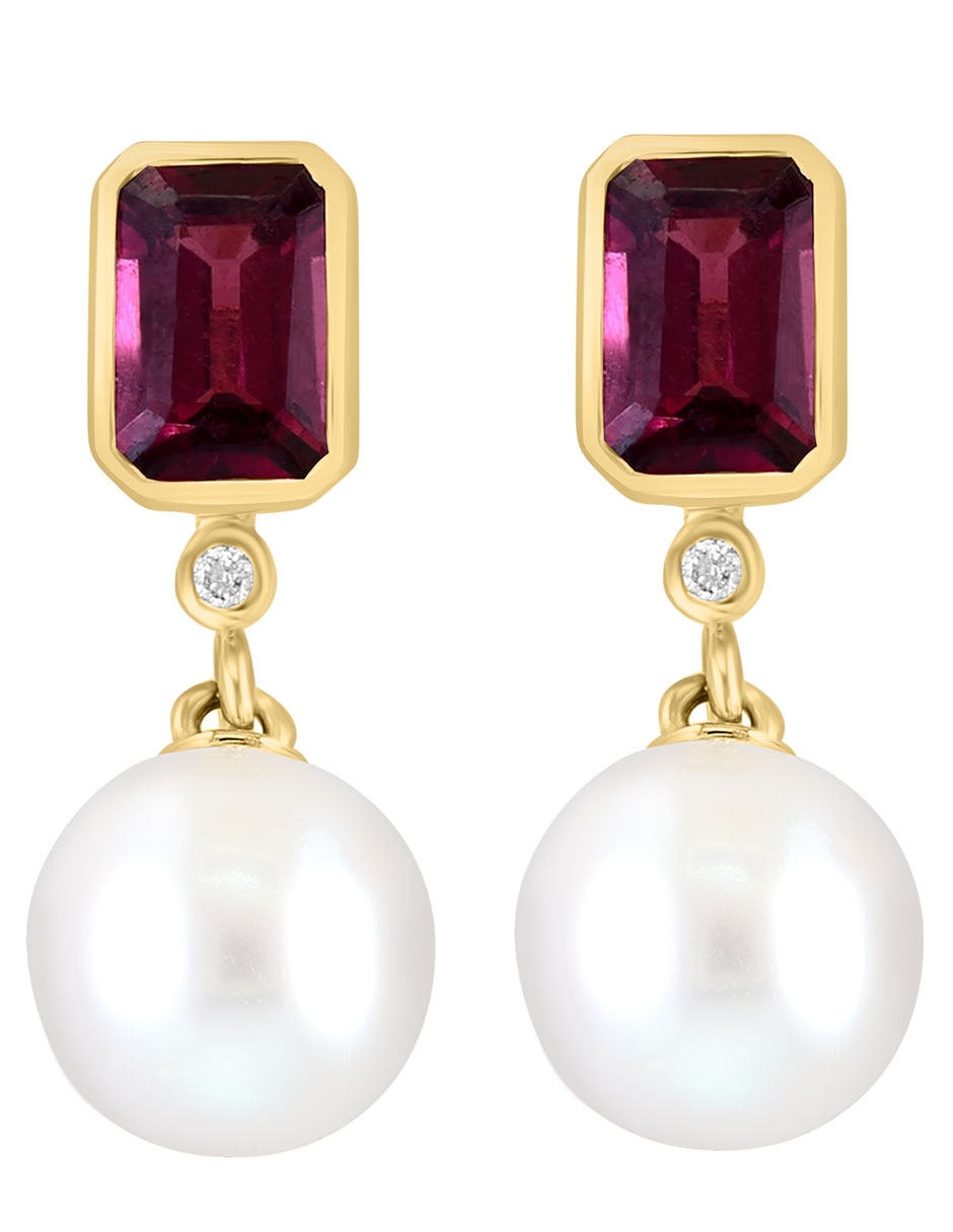 Aretes Luna de oro diamante, rodolita y perla de agua dulce Aretes Luna de oro diamante, rodolita y perla de agua dulce